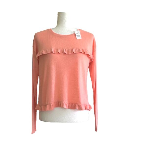 Loft Top Sweater Peach Coral Ruffled Long Sleeve Lightweight Cropped Small NEW - Picture 2 of 9